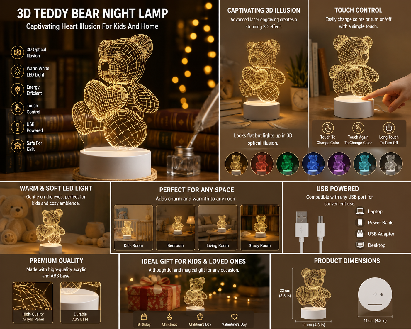 3D Teddy Bear Night Lamp – Cute LED Table Light for Bedroom & Home Decor