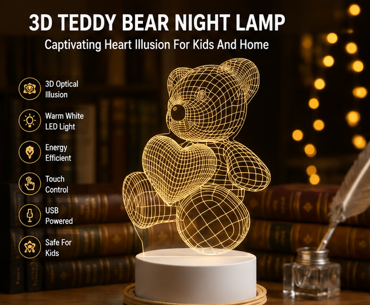 3D Teddy Bear Night Lamp – Cute LED Table Light for Bedroom & Home Decor