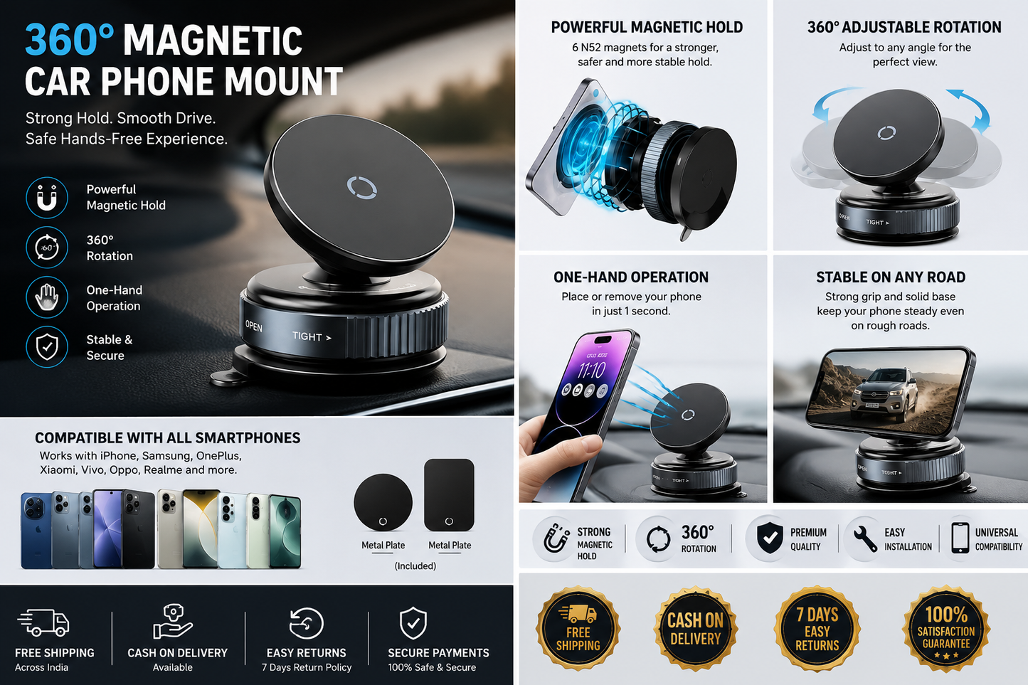 360° Magnetic Car Phone Mount – Strong Magnetic Dashboard & Air Vent Mobile Holder